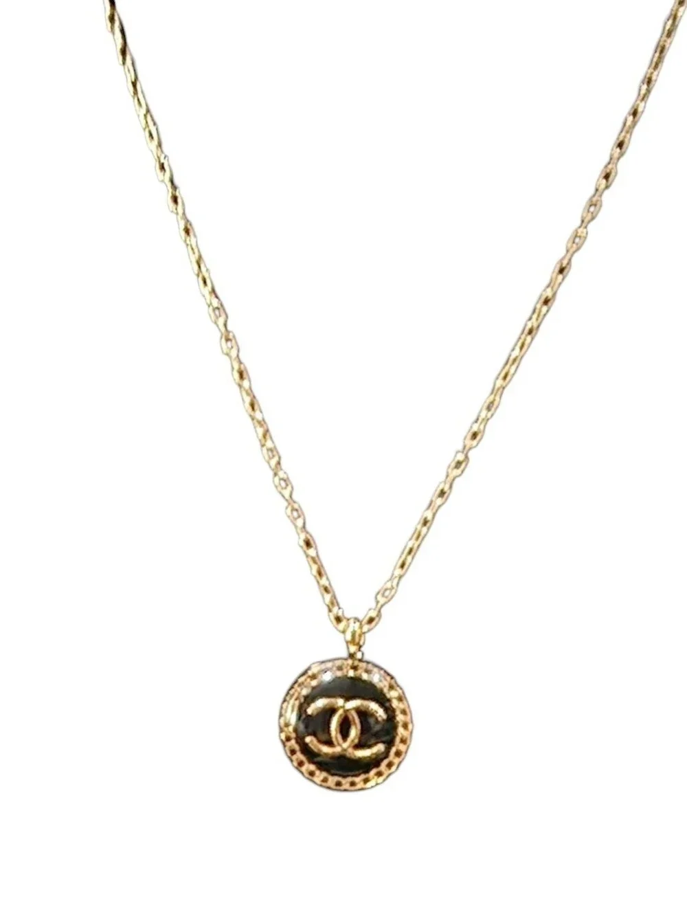 SUPER EUC CHANEL Gold Tone Chain & Black/Gold Pendant with COA